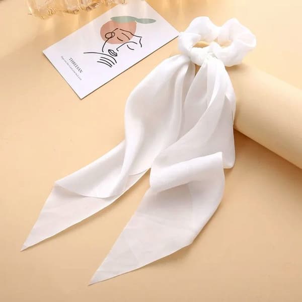 Chouchou Foulard Lång för Hår i Satin med Dubbel Flygande Röd Vit