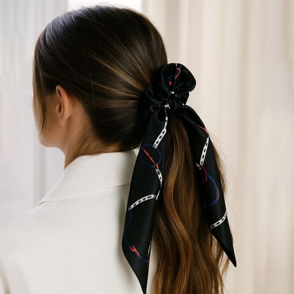 Chouchou Foulard Lång för Hår i Satin Med Barocktryck Sublimt Svart Svart / Röd