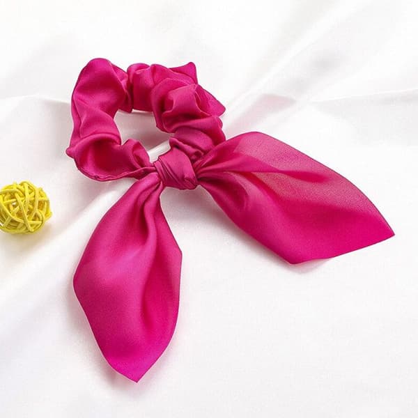 Chouchou Long Foulard för Hår i Satin med Dubbelt Volangknut Fuchsia Fuchsia