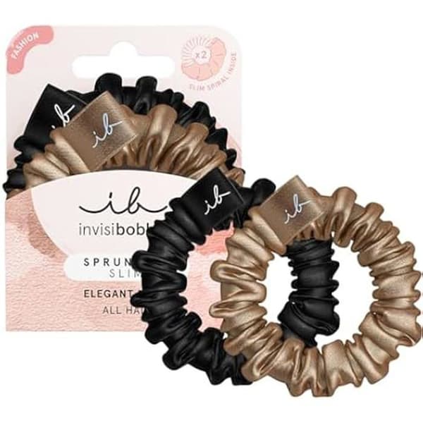 Invisibobble svart och guld silke hår scrunchie för kvinnor Sprunchie Slim True Golden x2 - Satin scrunchie för kvinnor och tjejer med en