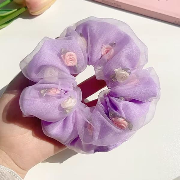 Chouchou Dubbel Tjocklek för Hår i Mjukt Tyg med 3D-Rosor Lila Violet