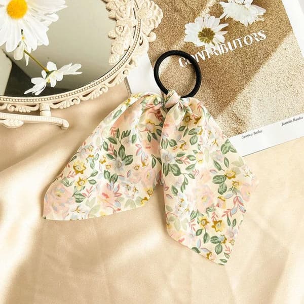 Elastiskt Hårband med Blommigt Chiffonband i Romantiskt Mimosa Gult