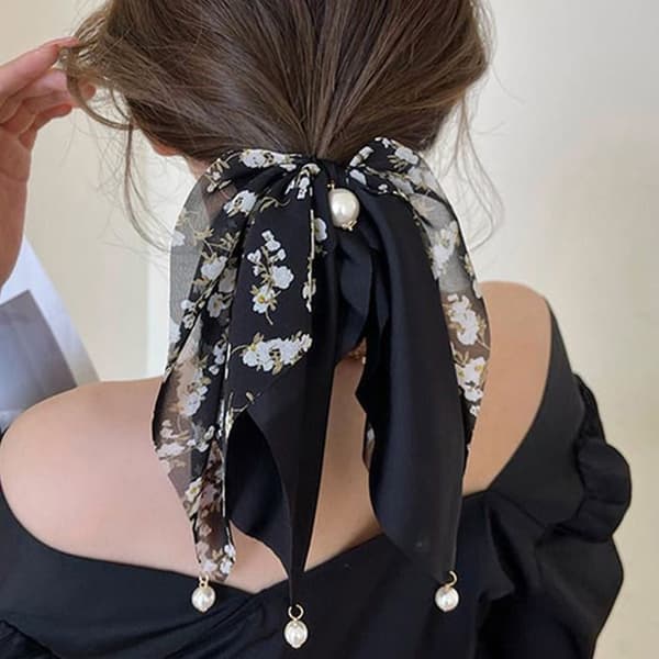 Chouchou Foulard Lång för Hår i Satin Perlat Snygg Svart