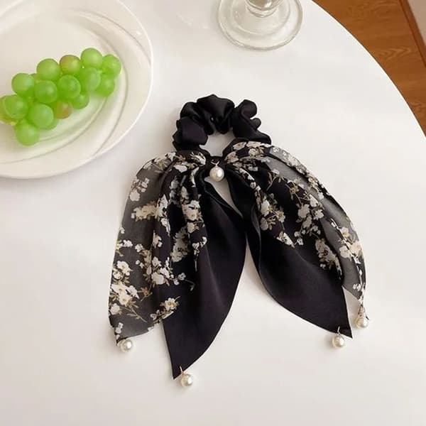 Chouchou Foulard Lång för Hår i Satin Perlat Snygg Svart