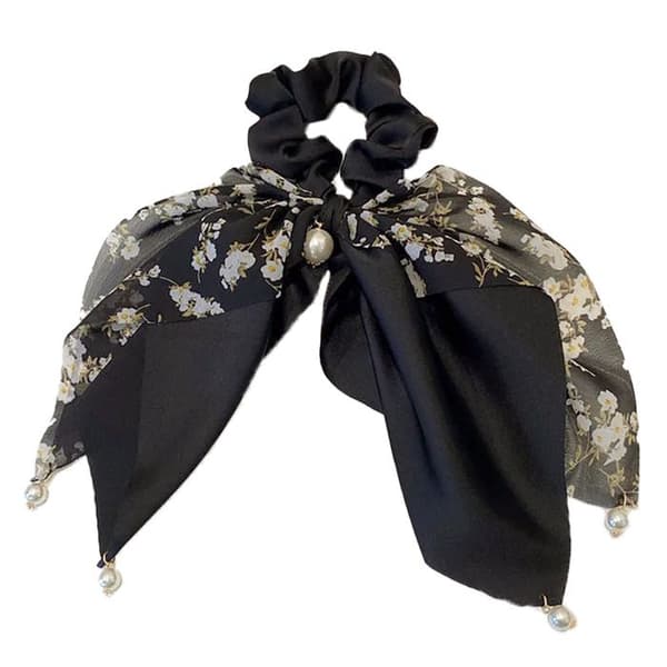 Chouchou Foulard Lång för Hår i Satin Perlat Snygg Svart