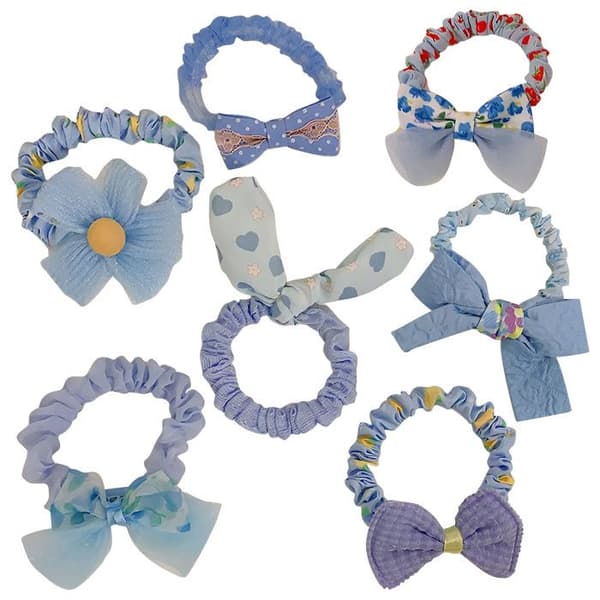 Set med 7 Prinsess Scrunchies för Hår i Mjuk Tyg med Volang Knut Blå Blå