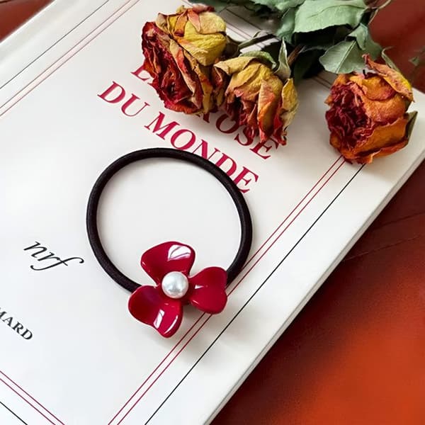 Casual Hårsnodd med Blomma Amber Pearl och Exklusiv Röd Röd