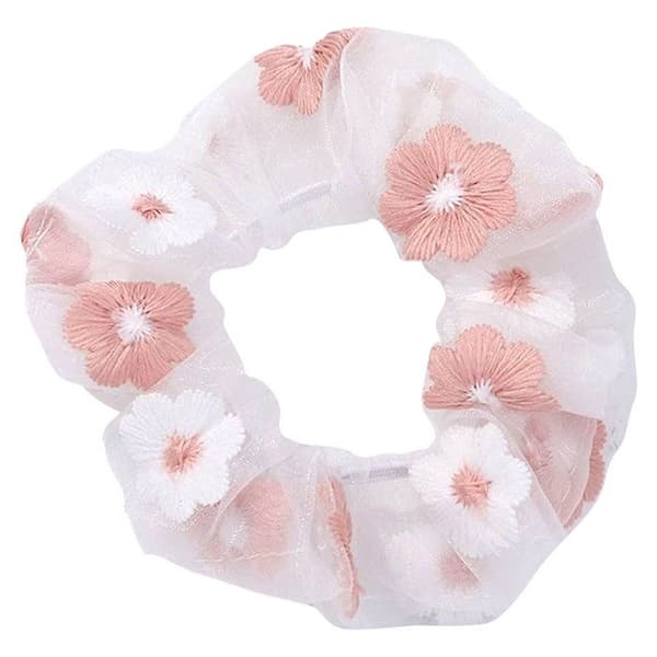 Chouchou Klassisk för Hår i Tyll och Delikata Broderade Blommor Ljus Persika Rosa