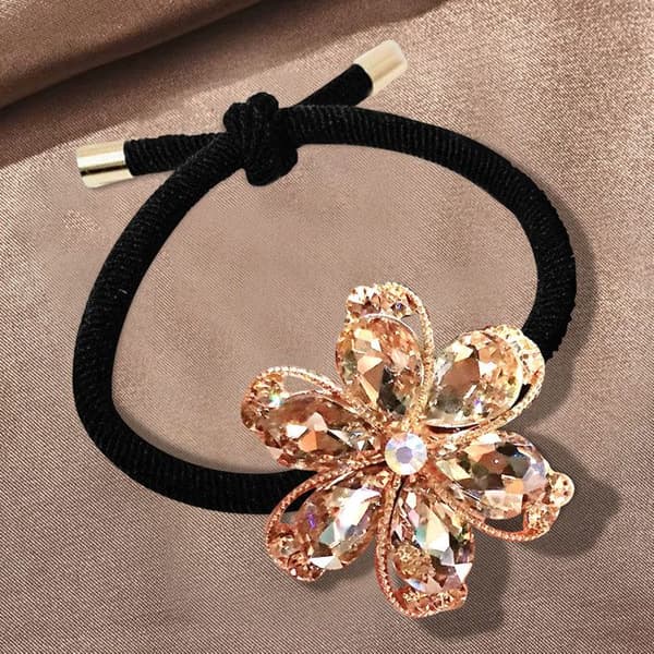 Elastisk Casual för Hår med Blommor av Lyst Strass i Raffinerad Beige