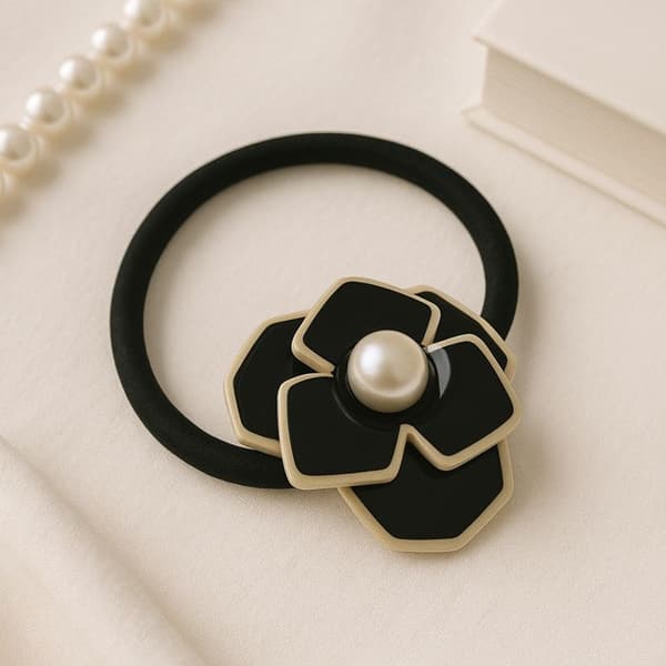 Klassisk Elastisk Hårband med Iriserande Blomma i Svart Pärlemor med Tunn Ren Svart Kant Svart/Vit