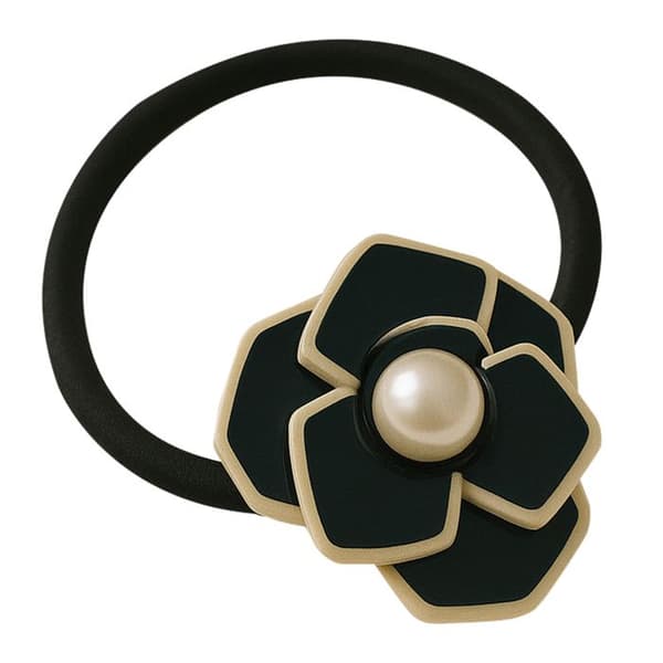 Klassisk Elastisk Hårband med Iriserande Blomma i Svart Pärlemor med Tunn Ren Svart Kant Svart/Vit