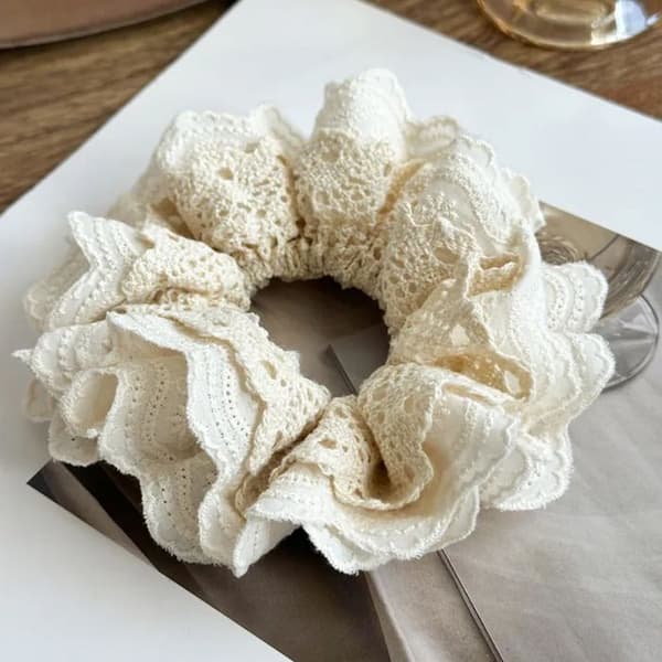 Chouchou Klassisk för Hår i Broderad Spets Delikat Krämbeige