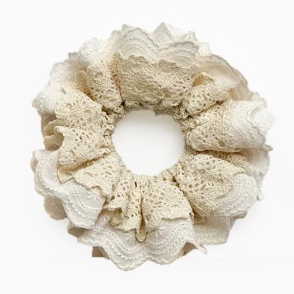 Chouchou Klassisk för Hår i Broderad Spets Delikat Krämbeige