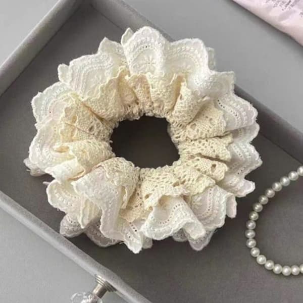 Chouchou Klassisk för Hår i Broderad Spets Delikat Krämbeige