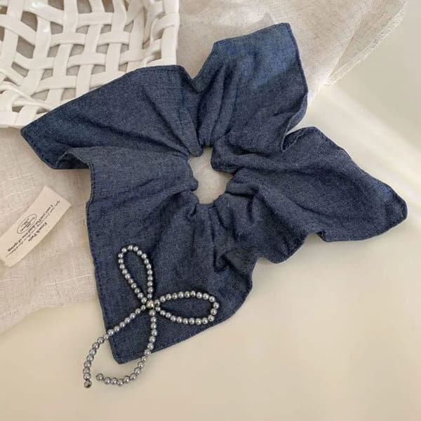 Chouchou Maxi för Hår i Mjuk Denimtyg med Silverknut Mörkblå