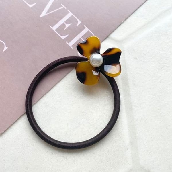 Elastisk Casual för Hår med Blomma i Mörk Amber och Exklusiv Brun Pärla