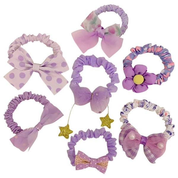 Set med 7 Prinsess Hair Scrunchies i Mjukt Tyg med Lila Puff-Nävar