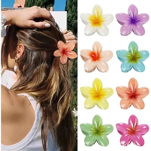Set med 8 stora hårklämmor i plast, blommönster, flerfärgade, blommiga hårklämmor med halkskydd (slumptillfällig färg)