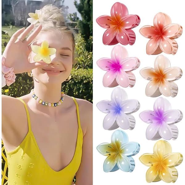 Set med 8 stora hårklämmor blommor, starkt grepp halkfria hårklämmor hawaiianska, fina hårklämmor