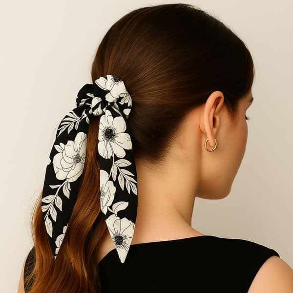 Chouchou Foulard Lång för Hår i Tjock Blommig Oversize Casual Svart
