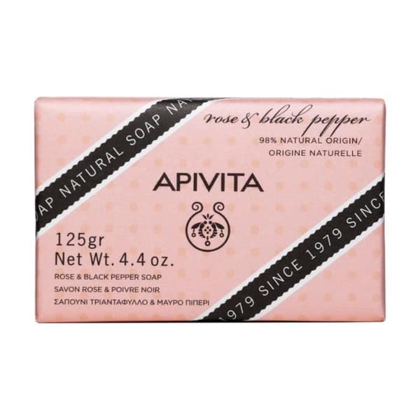 Naturlig tvål med ros och svartpeppar - APIVITA - 125 g - Rengör, exfolierar och tonar huden