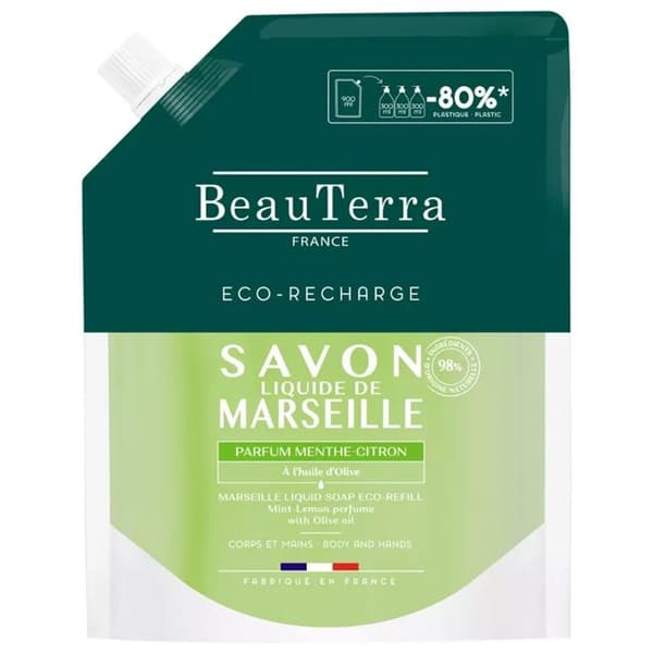 BeauTerra Flytande Marseille-tvål Parfym Mint-Citron Ekologisk Påfyllning 900 ml