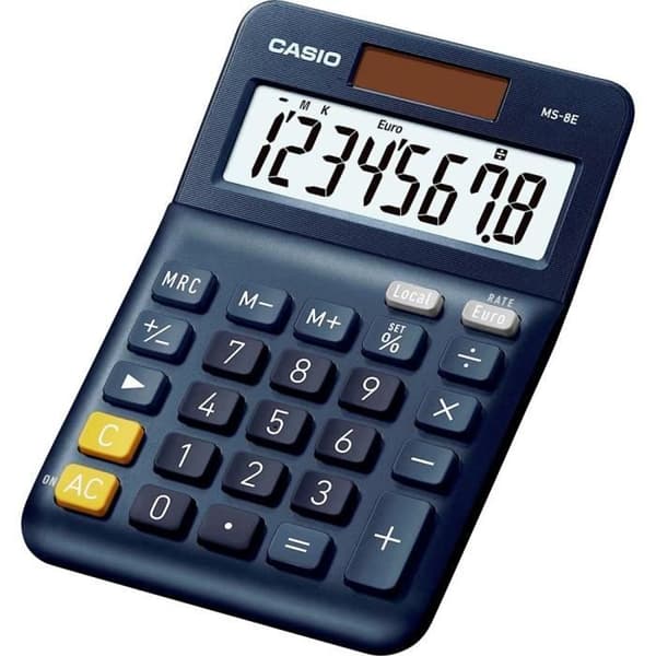 Skrivbordskalkylator - Casio - MS-8E - 8-tums skärm - Mörkblå färg - Solenergi Svart, Grå, Orange