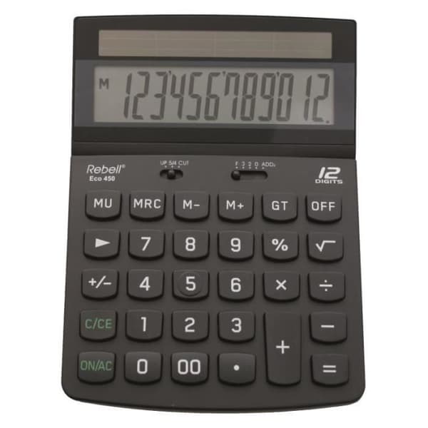 Skrivbordskalkylator - Ekologisk - 12 siffror - Solenergi - Svart - Bred skärm