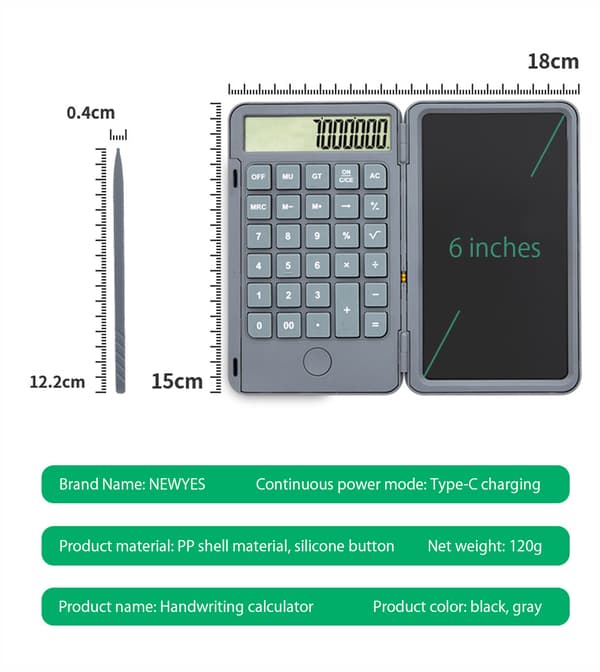 12-cifret lommeregner (med USB-opladning) lille lommeregner med 6,5 tommer skrivetavle
