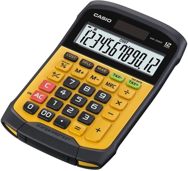 CASIO OFFICE CALCULATOR VANDTÆT WM-320MT-S, 12-cifret display, aftageligt tastatur. Sort, Gul