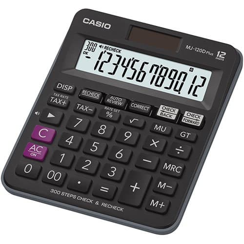 CASIO LEGNER KONTOR MJ-120D PLUS SORT, 12 CIFFER DISPLAY Sort