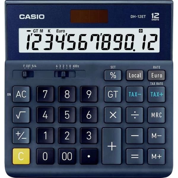 Skrivbordskalkylator - Casio - DH-12ET - 12-tums solskärm - Mörkblå färg - Kompakt och hållbar Svart