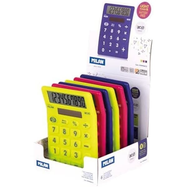 Desktop Miniräknare - MILAN® - Acid Series - 10 siffror - Blandade färger - Dubbel strömförsörjning Blå, Rosa, Gul