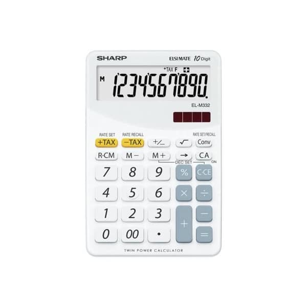 Bordskalkylator - Sharp - Elsi Mate EL-M332BWH - 10 siffror + 1 exponent - Solpanel - Vit