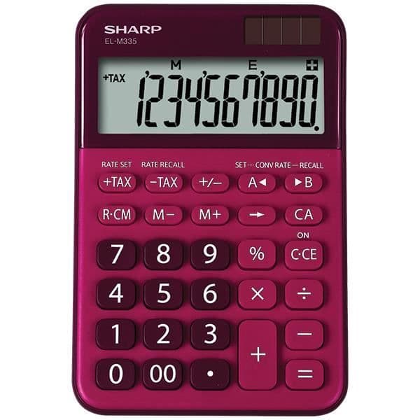Sharp EL-M335, stationär, grundläggande miniräknare, 10 siffror, batteri/sol, röd Röd