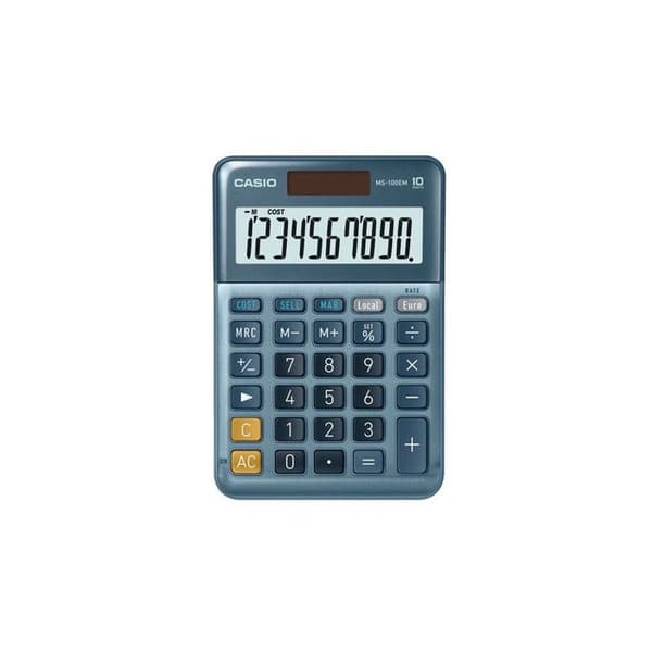 Skrivbordskalkylator - Casio - MS-100-EM - 10 teckens skärm - Blå färg - Solenergi och batteri Multifärg