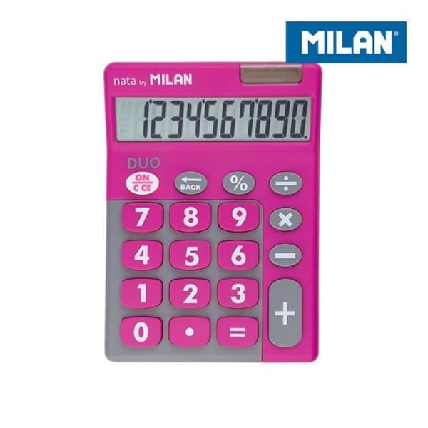 Skrivbordskalkylator - Milan - Duo 10 siffror - Rosa - Stora tangenter - Dubbel strömförsörjning Rosa