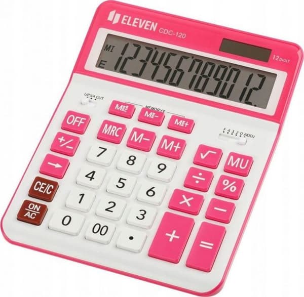 Elva Räknare Vit Skrivbord Räknare CDC120WHRD med vita och rosa knappar och rosa ram runt skärmen