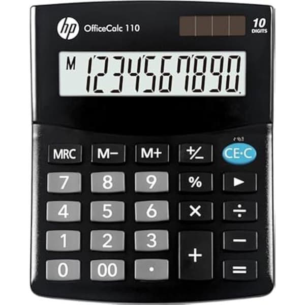 Bordskalkylator - HP - Kontorsräknare 110 - 10 siffrors skärm - Batteridriven - Svart färg