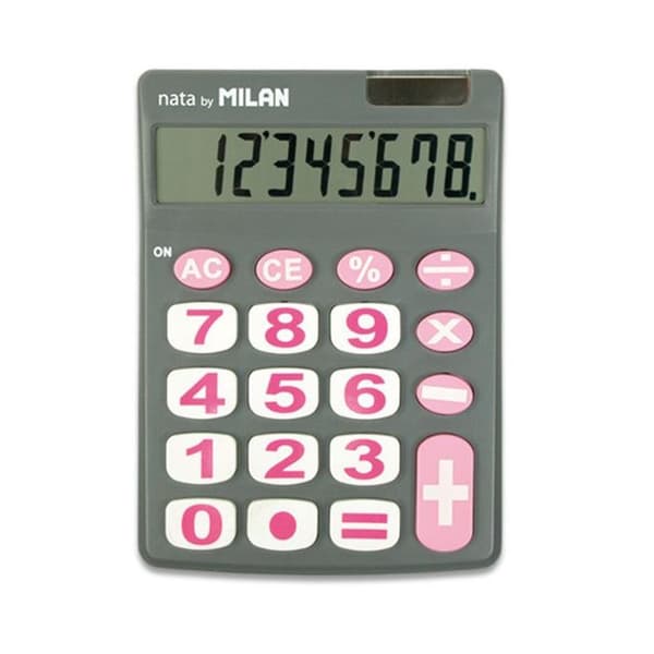 Skrivbordskalkylator - Rosa och grå - 8 siffror - Stora tangenter - Batteri och solenergi