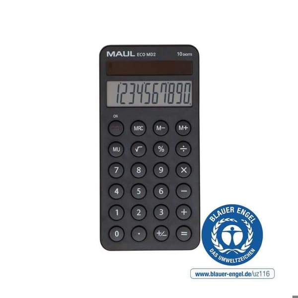 MAUL Pocket Calculator ECO MD 2 LCD-display 1 rad, 10 siffror Solenergi 14.7 x 7.2 x 1.2 cm svart Svart