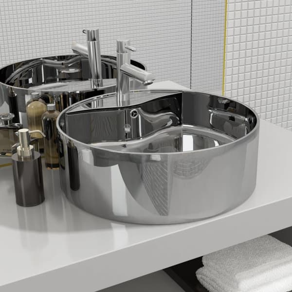 vidaXL Tvättställ med bräddavlopp 46,5x15,5 cm keramik silver