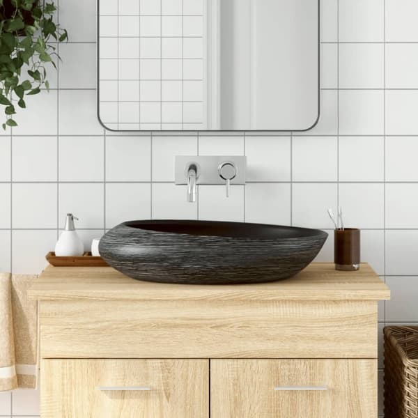 vidaXL håndvask til bordplade 59x40x15 cm oval keramik grå og sort