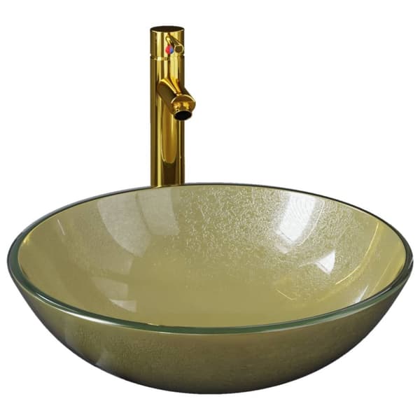 Handfat med kran och bottenventil guld härdat glas