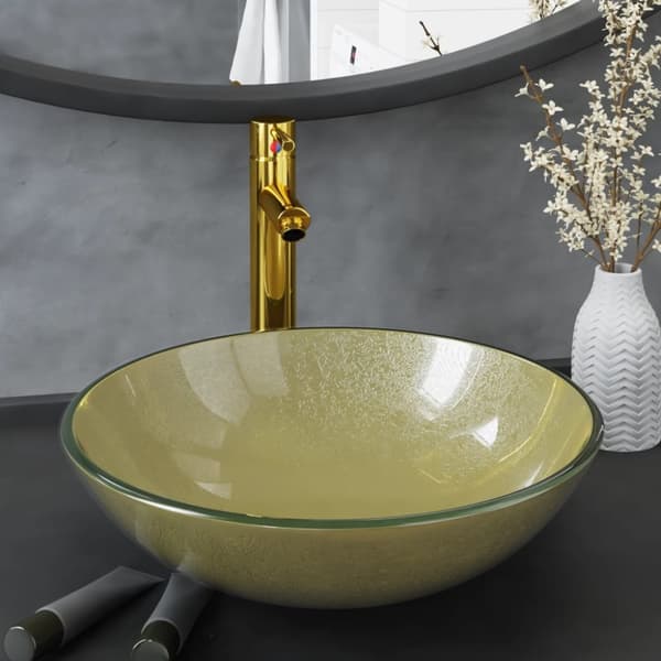 Handfat med kran och bottenventil guld härdat glas