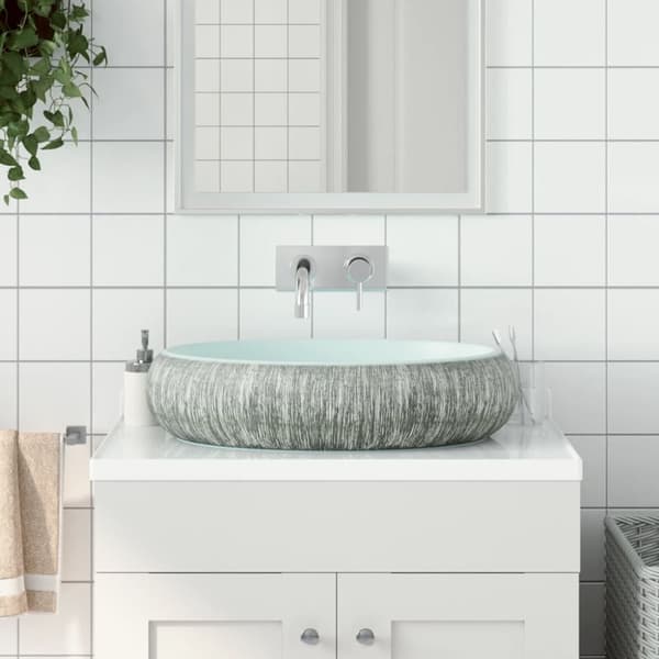 håndvask til bordplade 59x40x15 cm oval keramik grå og blå