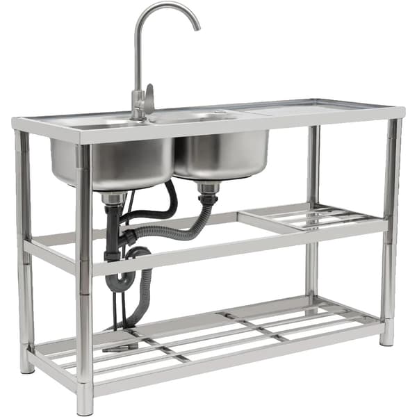 Fritstående rustfrit stål vask, dobbelt skål design, moderne stil,Sølv