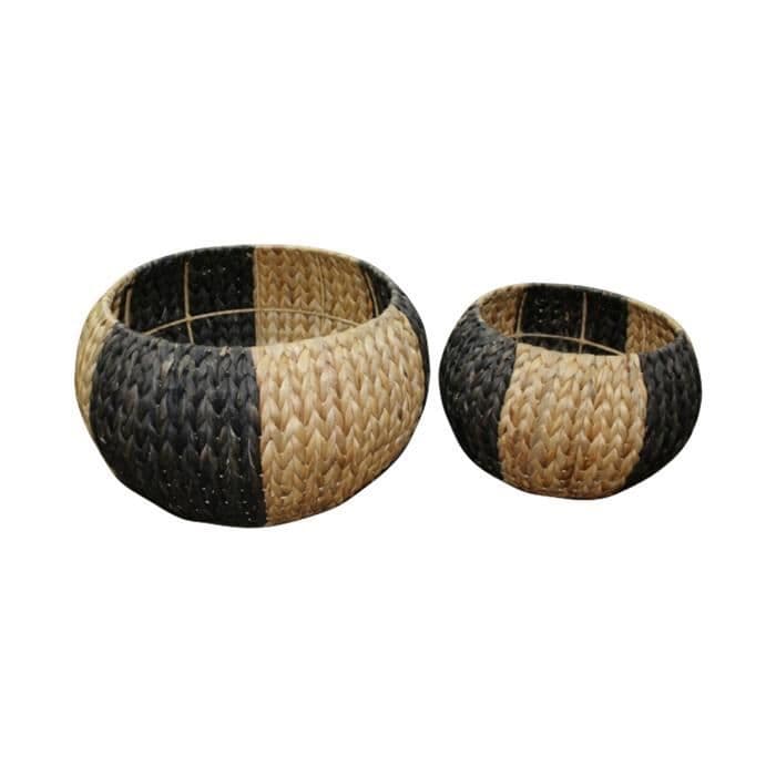 Uppsättning av två bicolour flätade runda krukor - Ø 28/24 x H 20 cm och Ø 38 / Ø 45 x H 25 cm - Svart och naturbrunt
