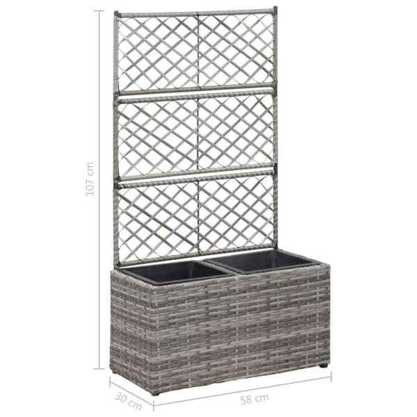 vidaXL Spaljé med 2 krukor upphöjd 58x30x107 cm konstrotting grå