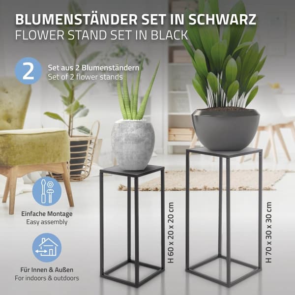 ML Design blomsterstativ i sæt af 2, sort, 20x60x20 / 30x70x30cm, moderne blomsterpotte, vejrbestandige og robuste metalplanter, blomsterkotter 2-tlg